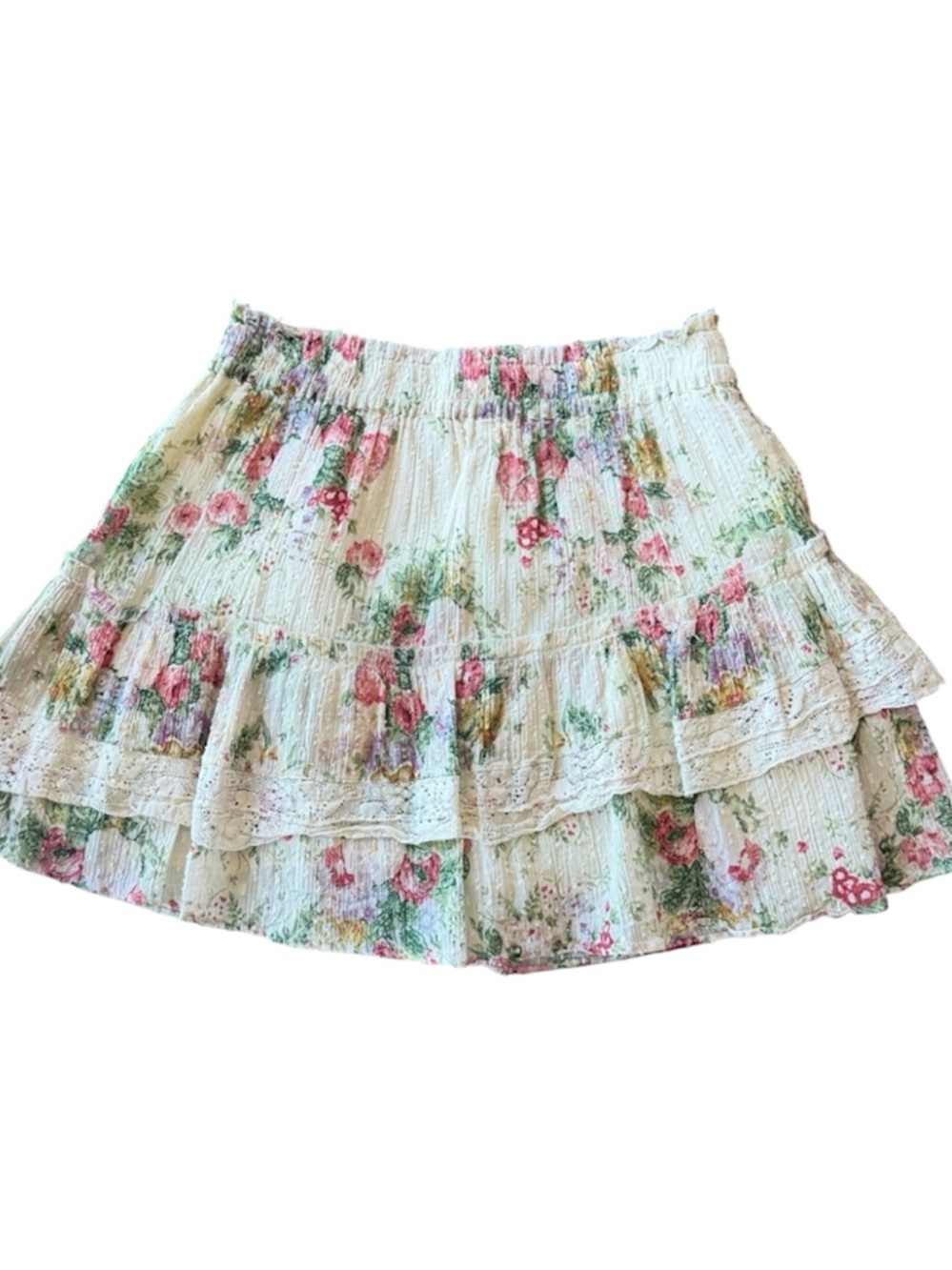 LoveShackFancy White Floral Tiered Mini Skirt